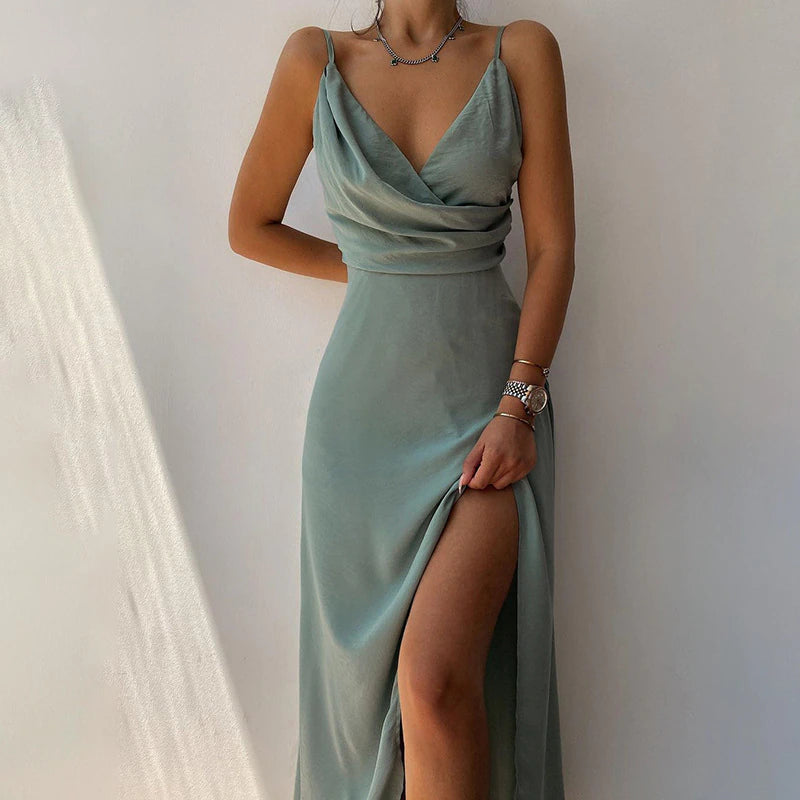 Spaghetti Backless Wrap Draped Slit Gown Maxi Dress Spaghetti Backless Wrap Draped Slit Gown Maxi Dress