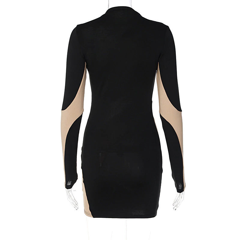 Hollow Out Patchwork O-Neck Full Sleeve Bodycon Mini Dress, ibuyxi.com