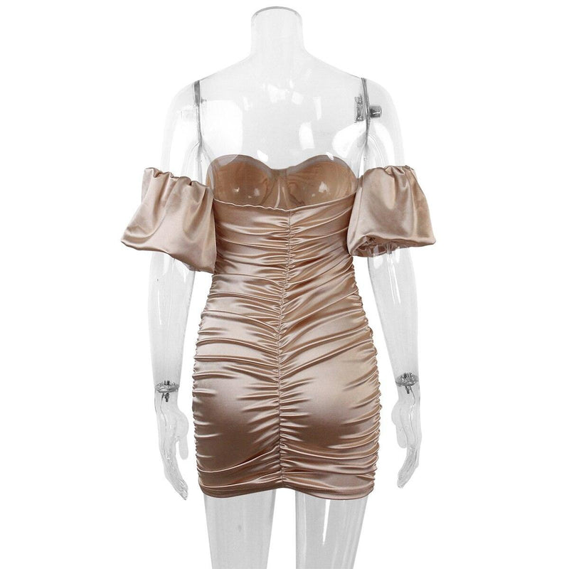 Satin Off-Shoulder Ruched Puff Sleeve Backless Bodycon Mini Dress, ibuyxi.com