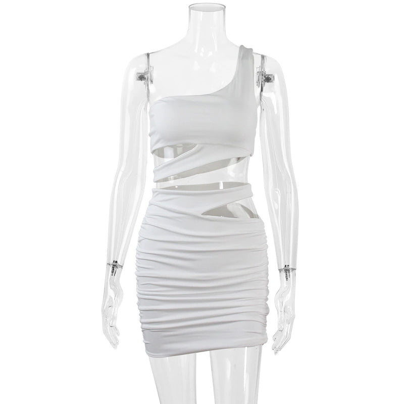 Hollow Out One Shoulder Sleeveless Crop Top Mini Dress, ibuyxi.com
