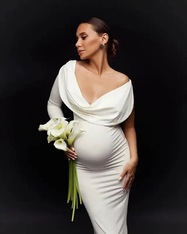 maternity bodycon maxi dress Momyknows Ruched Bowknot Draped High Neck Backless Bodycon Elegant Maternity Baby Shower Maxi Dress, Black / S