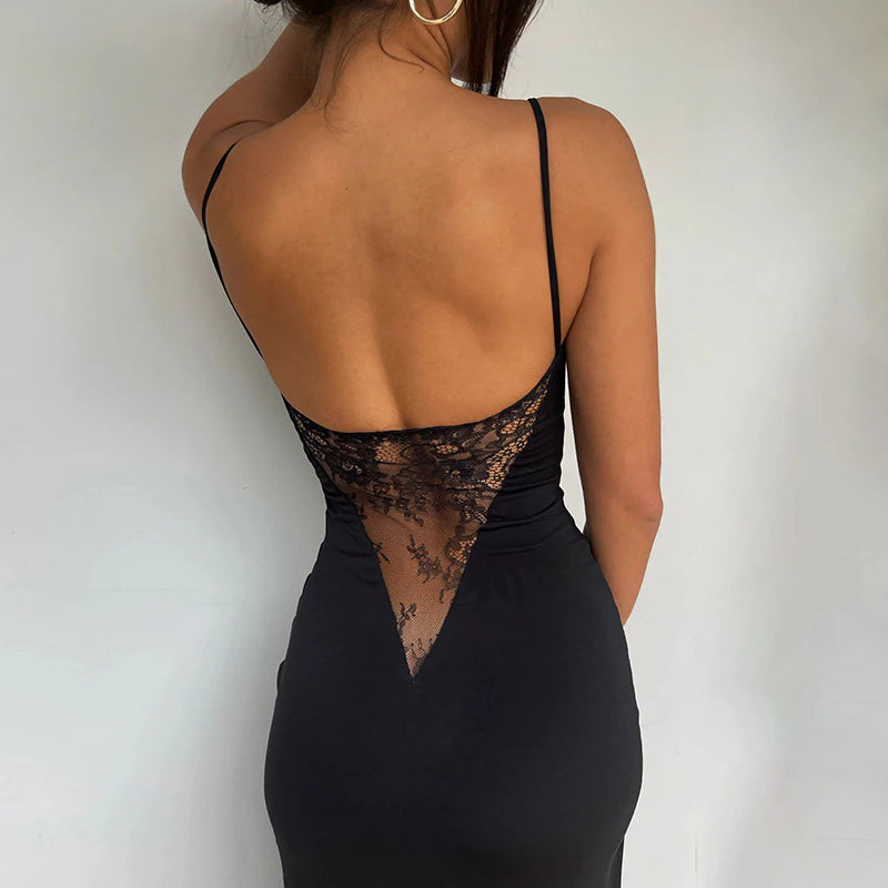 High Rise Slit Lace Patchwork Backless Maxi Dress - IBuyXi Black / M High Rise Slit Lace Patchwork Backless Maxi Dress - IBuyXi Black / M