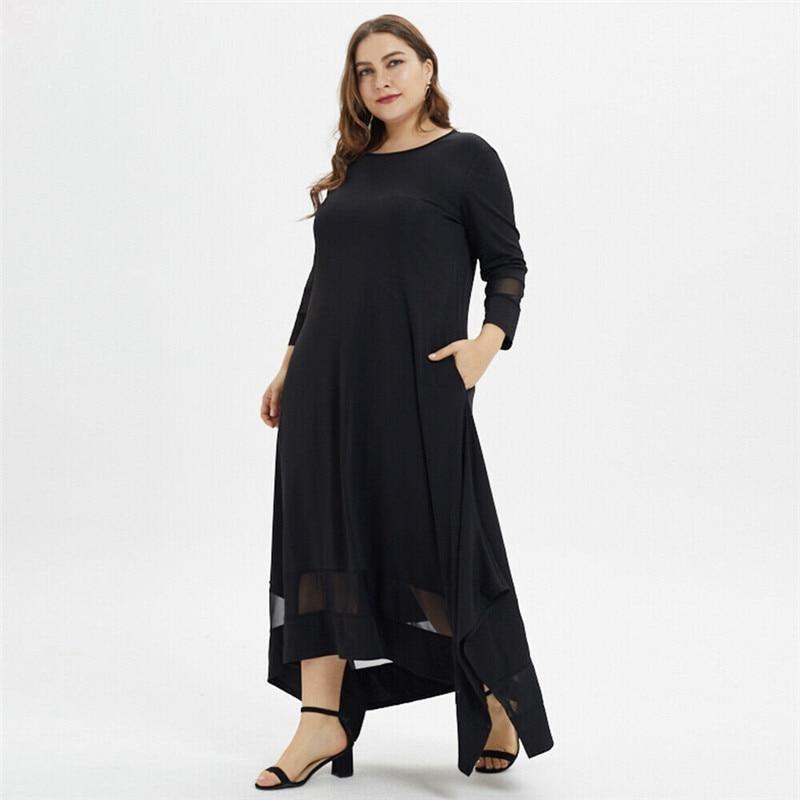 Plus Size O-Neck Tunic Casual Long Sleeve Lace Mesh Maxi Dress, Full sleeves, Black Long maxi, Long dress, Ribbon style, Muslim Dress, iBuyXi.com