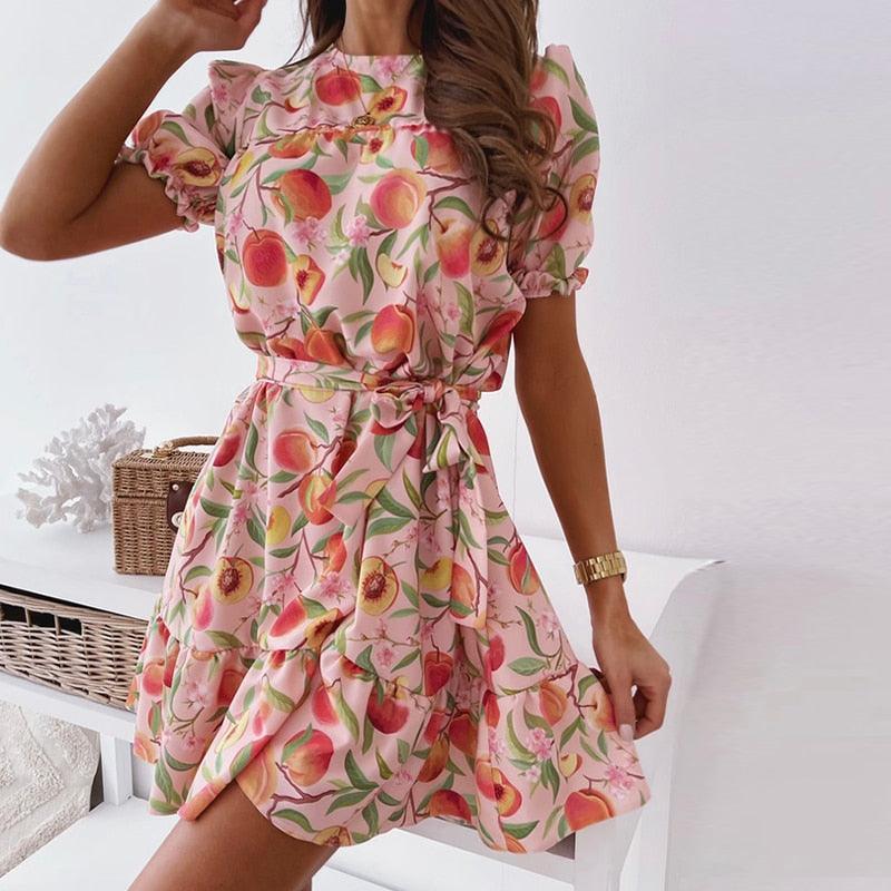 Floral Print Ruffle A-Line Boho Short Sleeve Mini Dress