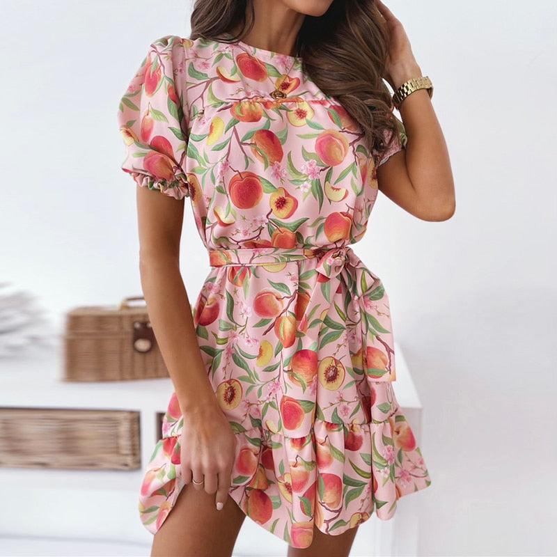 A-Line Floral Print Dress With Boho Short Sleeve Ruffle Ans Ideal Wear For Office, Party. - buyxi.com