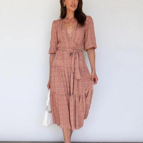 half sleeve boho maxi dress Boho Dress V-Neck Half Sleeves Floral Printed Stretch Pleated Maxi Beach Dress