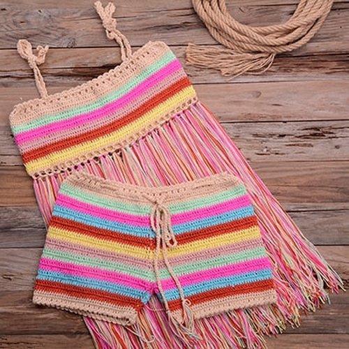 Mixed Color Tassel Bikini Cover Up With High Waist And Thong Swimsuit Halter which looks elegant on the beach side. - ibuyxi.com