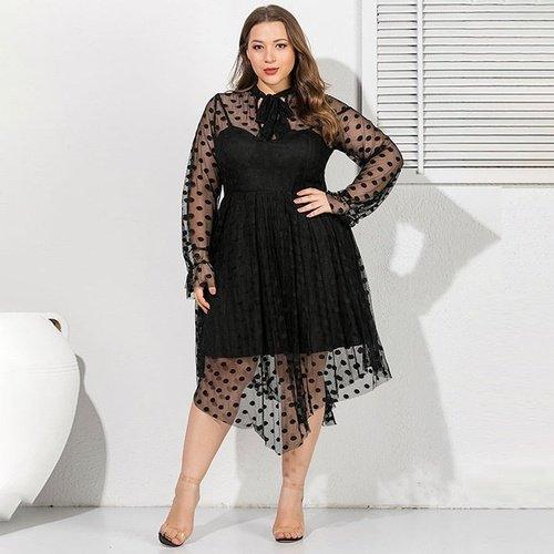 Enliva Plus Size Black Polka Dot Mesh Lantern Sleeve A-Line Dress Wedding Guest Party Semi Formal Contrast Stand Collar Flared Hem Regular F,4XL Enliva Plus Size Black Polka Dot Mesh Lantern Sleeve A-Line Dress Wedding Guest Party Semi Formal Contrast Stand Collar Flared Hem Regular F,4XL