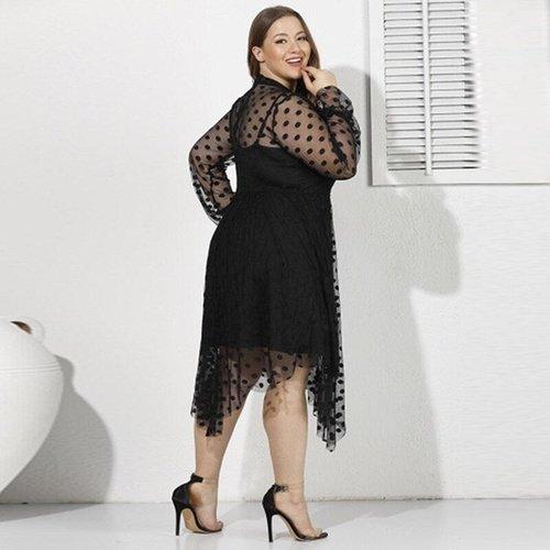 Plus Size Lace Mesh Long Sleeve A-Line Polka Dot Maxi Dress 4XL Plus Size Lace Mesh Long Sleeve A-Line Polka Dot Maxi Dress 4XL