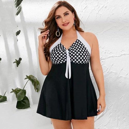 Plus Size Polka Dot Printed Neck-Halter Tankini Set