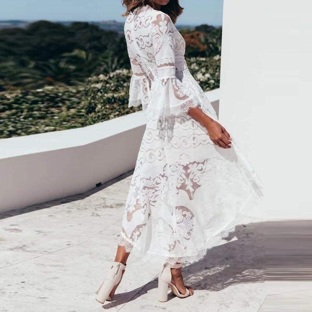 Lace Mesh Long Sleeve V-Neck Maxi Dress S Lace Mesh Long Sleeve V-Neck Maxi Dress S