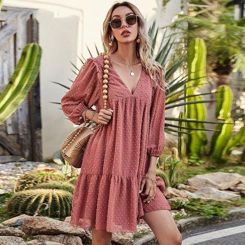 Lantern Sleeve V-Neck Ruffles Chiffon Embroidery Loose Boho Mini Dress S Lantern Sleeve V-Neck Ruffles Chiffon Embroidery Loose Boho Mini Dress S