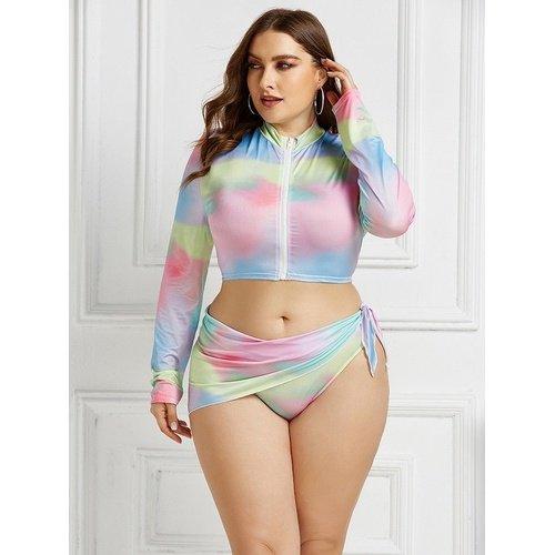 Plus Size Three Piece Brazilian Zipper Tie Dye Print Swimsuit