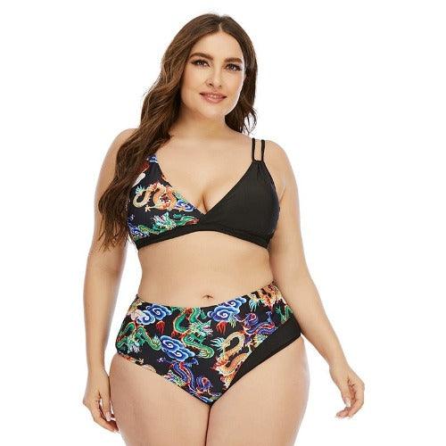 Plus Size Dragon Printed High Waist Push Up Bikini