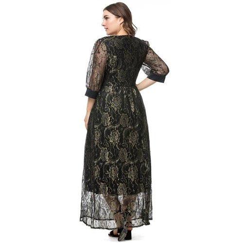 Plus Size Lace V-Neck Half Sleeves Lace Floral Maxi Dress Black / 4XL Plus Size Lace V-Neck Half Sleeves Lace Floral Maxi Dress Black / 4XL