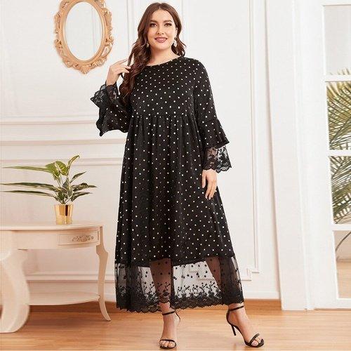 Plus Size Long Sleeve Polka Dot Print Lace Patchwork Maxi Swing Dress 4XL Plus Size Long Sleeve Polka Dot Print Lace Patchwork Maxi Swing Dress 4XL