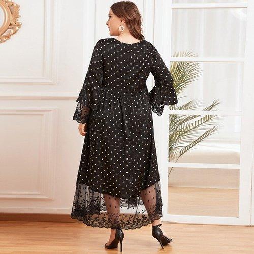 Plus Size Long Sleeve Polka Dot Print Lace Patchwork Maxi Swing Dress 4XL Plus Size Long Sleeve Polka Dot Print Lace Patchwork Maxi Swing Dress 4XL