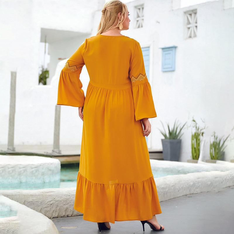 Plus Size Long Sleeves Embroidery Ruffles Maxi Boho Dress M