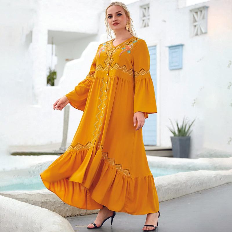 Plus Size Long Sleeves V Neck Embroidery Ruffles Maxi Long, Boho Beach Dress,2 Type Sleeve: Long sleeves, Sleeveless Maxi Floor Length, Exquisite Floral Printed, Deep V Neck, Bright Flower Pattern, Well-matched Waistband Belt, Loose but Curvy, Flowy well, Cute and Elegant, iBuyXi.com