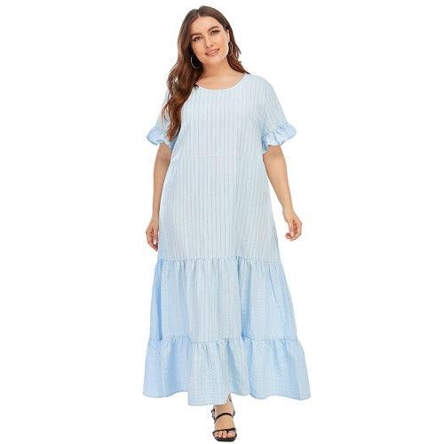 Plus Size Striped Ruffles Boho Maxi Dress Sky Blue / 5XL Plus Size Striped Ruffles Boho Maxi Dress Sky Blue / 5XL