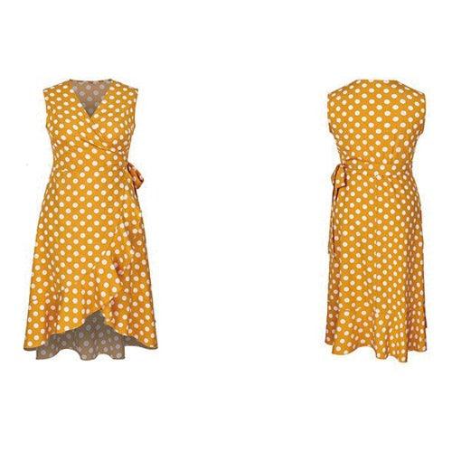 Plus Size V-Neck Sleeveless Polka Dot Printed ,Buttons Belt Yellow Ruffle Mini Dress, Sleeveless Frock, Waist Belt, sleeveless chiffon mini dress, Ribbon style , iBuyXi.com