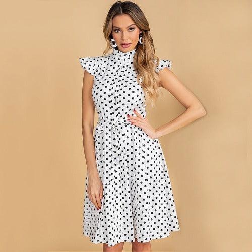 Polka Dot Print Stand Collar Single Breasted Sashes A-line Midi Dress White / XL Polka Dot Print Stand Collar Single Breasted Sashes A-line Midi Dress White / XL