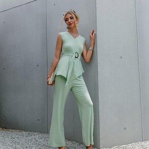 Sleeveless Chic Asymmetric V-Neck Soft Solid Elastic Jumpsuit, Ruffles short sleeve, Oblong neck, Solid color, High waist, Back button closure, Long Pants Jumpsuits Romper with Belt. Women trendy elegant style and wide leg ,Casual jumpsuit with ruffles sleeves, long romper, short sleeve pantsuit with belts, crew neck pant suits, cocktail jumpsuit, long pants, iBuyXi.com