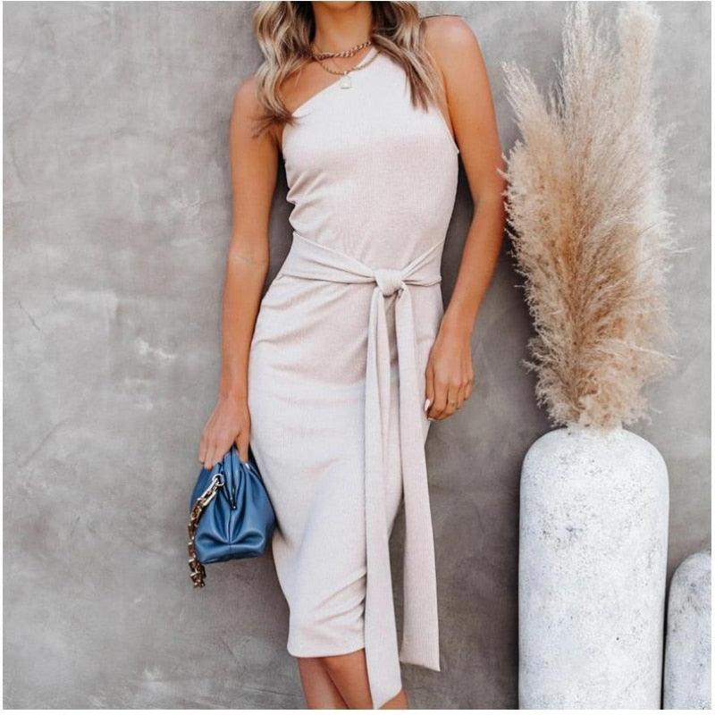 Sleeveless One Shoulder Bodycon Solid Midi Dress Sleeveless One Shoulder Bodycon Solid Midi Dress