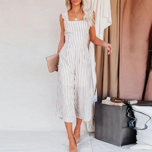Striped Pleated Spaghetti Strap Ruffled Lace Up Backless Jumpsuit, Cropped Top Wide Leg Trouser Sling Up Backless Jumpsuit,Spring Dress Beading Pleated Elegant Party Dress Belted Loose Oversized Plus Size Women Clothing ,iBuyXi.com