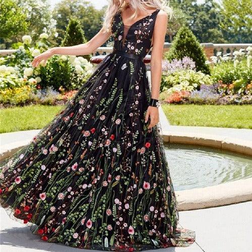 Women's Chiffon Dress Maxi Dress Backless Embroidered Party Wedding Guest Cocktail Party Elegant Streetwear V Neck Sleeveless Black Color Women's Chiffon Dress Maxi Dress Backless Embroidered Party Wedding Guest Cocktail Party Elegant Streetwear V Neck Sleeveless Black Color