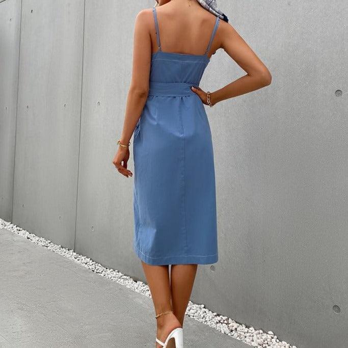 V-neck Spaghetti Strap Dress With Elegant Asymmetrical Summer Wearable, Comes with Blue Bodycon. - ibuyxi.com
