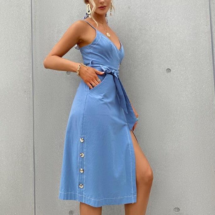 V-neck Spaghetti Strap Dress With Elegant Asymmetrical Summer Wearable, Comes with Blue Bodycon. - ibuyxi.com