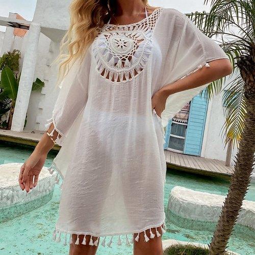 White Bikini Cover Up with Fringe Trim With Hollow Tunic Design Ideal Wearable For Beach And Summer Season. - ibuyxi.com