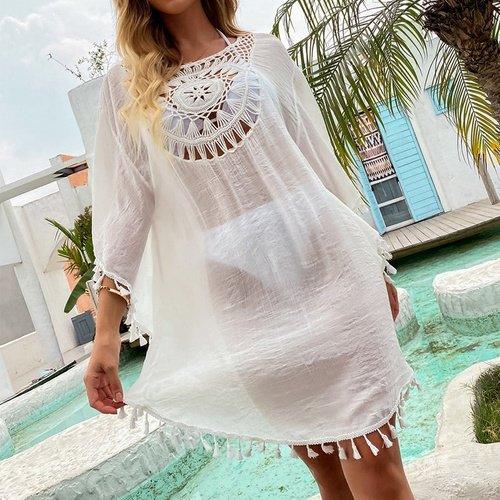 White Bikini Cover Up with Fringe Trim With Hollow Tunic Design Ideal Wearable For Beach And Summer Season. - ibuyxi.com