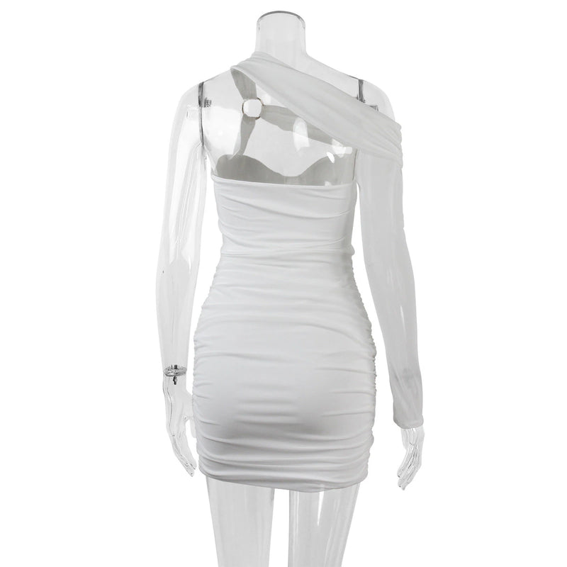 One-Shoulder Hollow Out Ruched Robe White Backless Bodycon Mini Dress, ibuyxi.com