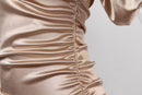 Satin Off-Shoulder Ruched Puff Sleeve Backless Bodycon Mini Dress, ibuyxi.com