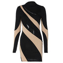 Hollow Out Patchwork O-Neck Full Sleeve Bodycon Mini Dress, ibuyxi.com