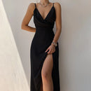 Spaghetti Strap Backless Wrap Draped Slit Gown Maxi Dress
