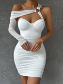 One-Shoulder Hollow Out Ruched Robe White Backless Bodycon Mini Dress, ibuyxi.com