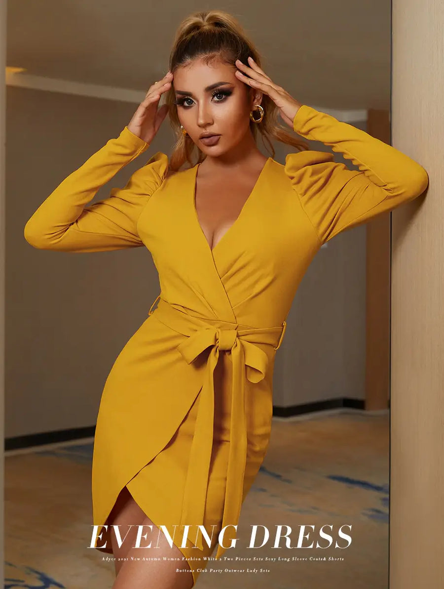 Long Puff Sleeve V-Neck Sashes Evening Mini Dress
