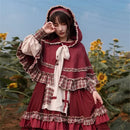 2025 HOT Sweet Girl Lolita Women Dress Vintage Patchwork Red Dresses with Cloak