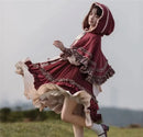 2025 HOT Sweet Girl Lolita Women Dress Vintage Patchwork Red Dresses with Cloak