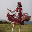 2025 HOT Sweet Girl Lolita Women Dress Vintage Patchwork Red Dresses with Cloak