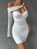 One-Shoulder Hollow Out Ruched Robe White Backless Bodycon Mini Dress, ibuyxi.com