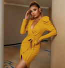 Long Puff Sleeve V-Neck Sashes Evening Mini Dress, ibuyxi.com