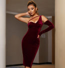 Velvet One Shoulder Long Sleeve Evening Midi Dress, ibuyxi.com
