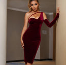 Velvet One Shoulder Long Sleeve Evening Midi Dress, ibuyxi.com