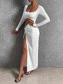 Hollow Out High Split Square Collar Full Sleeve Bodycon Maxi Dress, ibuyxi.com