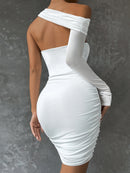 One-Shoulder Hollow Out Ruched Robe White Backless Bodycon Mini Dress, ibuyxi.com