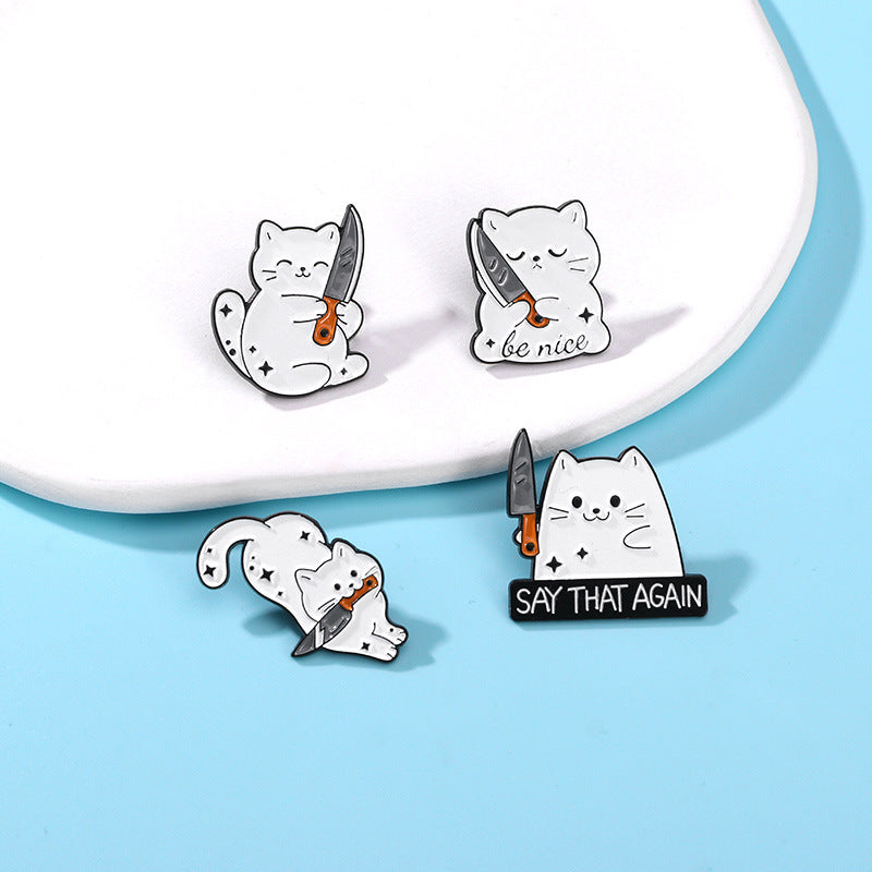 Cute Kitty Brooch White Cat Brooch With Knife